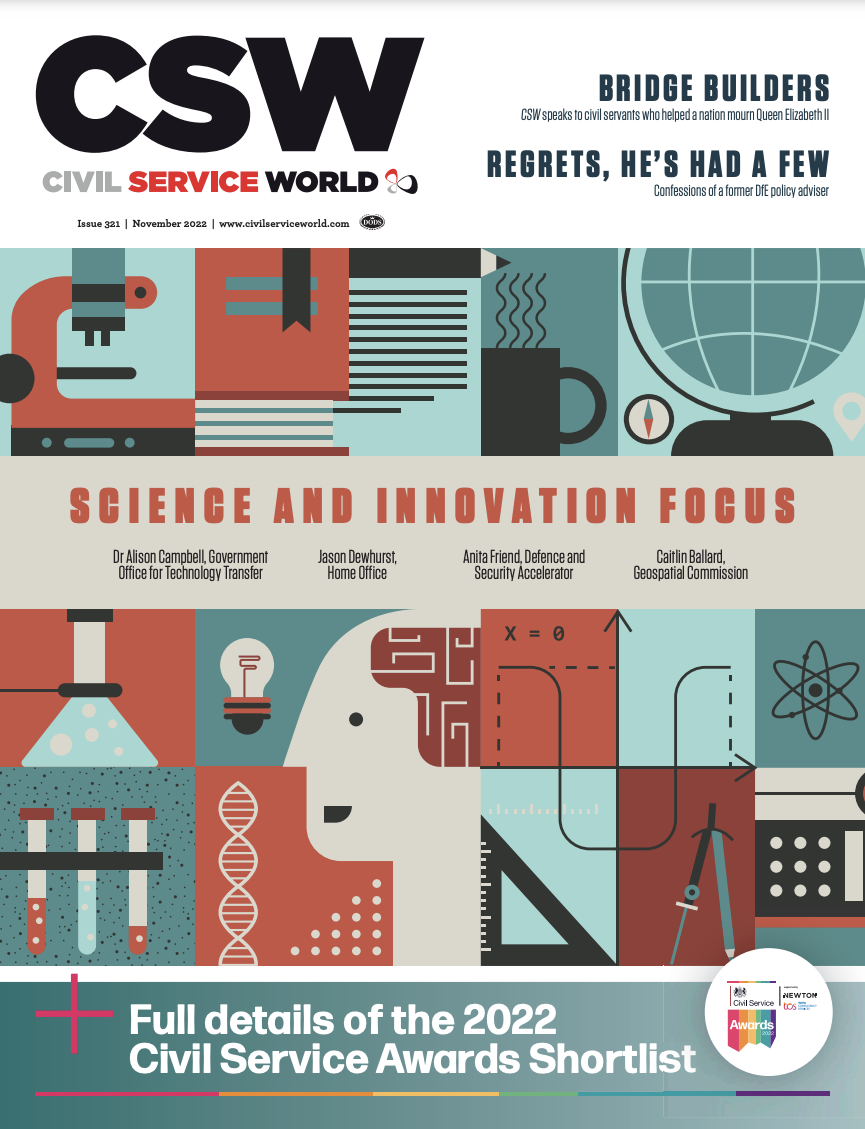 Cover of the November 2022 issue of CSW, with a graphic in orange and green tones showing scientific images such as a microscope and cone flask, with the words "science and innovation focus" across the centre